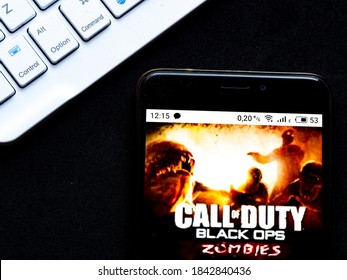 Kiev, Ukraine, October 27, 2020. Editorial Illustrative. In This Photo Illustration A Call Of Duty: Black Ops Zombies. Appliance By Activision Publishing, Inc.. Logo Is Seen Displayed On A Smartphone