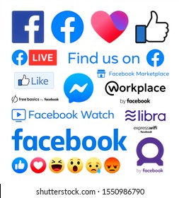 Kiev, Ukraine - October 29, 2019: All New Facebook logos and its apps signs printed on white paper. Facebook is a well-known social networking service.