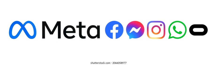 Kiev, Ukraine - October 29, 2021: Meta logo and icons of it products: Facebook, Messenger, Instagram, WhatsApp and Oculos, printer on white paper. Social media giant Facebook is rebranding as Meta