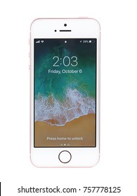 KIEV, UKRAINE - OCTOBER 6, 2017: Rose Gold IPhone SE Isolated On White