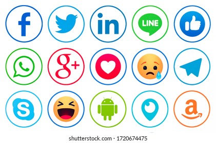 Kiev, Ukraine - Octoberber 09, 2019: New Facebook, like button  Empathetic Emoji reactions,Twitter, LInkedIn, WhatsApp, Telegram, Skype, Android,  Periscope, Amazon,   Google Plus,  printed on paper. 