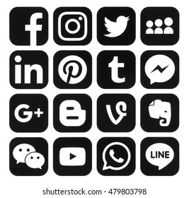 Kiev, Ukraine - September 06, 2016: Collection of popular black social media icons printed on paper:Facebook, Twitter, Google Plus, Instagram, Pinterest, LinkedIn, Blogger, Tumblr and others