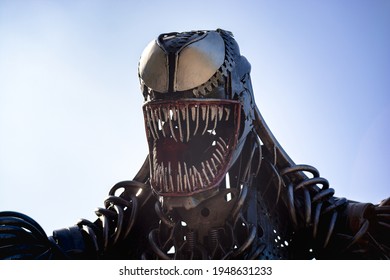 KIEV, Ukraine -September 09,2020: Predator head from the movie close up. An iron figure in the park. Predator