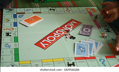 Kiev, Ukraine - September 10, 2019: Top view of the game of Monopoly