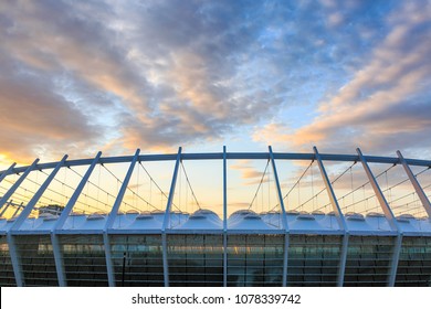 KIEV - UKRAINE - SEPTEMBER 2016. Olimpic NSC Football Stadium With Sunset City Sky And Colorful Clouds.