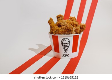 Kiev, Ukraine - September 21, 2019:  KFC fried chicken bucket 