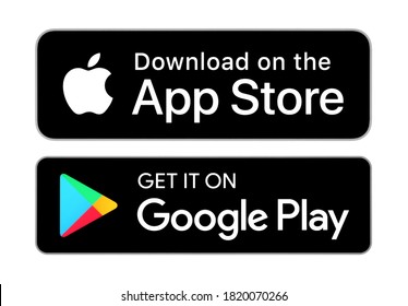 Kiev, Ukraine - September 21, 2020: Download on the App Store and Get it on Google Play button icons, printed on paper