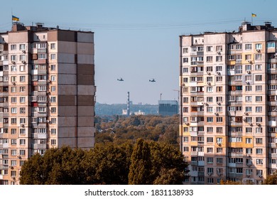 Kiev, Ukraine - September 23, 2020: Bell-Boeing CV-22 Osprey Plane Between Two Houses.