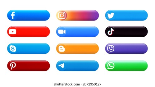 Kiev, Ukraine - September 27, 2021: Set of volume buttons with popular apps logos: Facebook, Instagram, Twitter, Youtube, Tiktok and others, printed on white paper