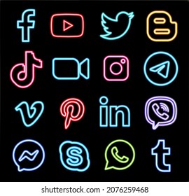 Kiev, Ukraine - September 27, 2021: Set Of Popular Logos In Neon Design: Facebook, Instagram, Twitter, Youtube, WhatsApp, And Others, Printed On Paper