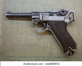 KIEV, UKRAINE-JULY 23, 2019: 1913 Luger pistol (Pistole Parabellum—or Parabellum-Pistole (Pistol Parabellum), commonly known as just Luger). Model: Lange Pistole 08 (Artillery Luger)