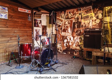 Kiev, Ukraine-March 19, 2018. A Small Stage With Musical Instruments For The Performance Of Musicians In A Nightclub Or A Beer Pub. 