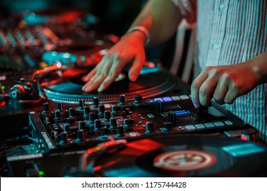 KIEV-11 JULY,2018: Hands Of Club Dj Scratching Vinyl Records On Retro Turntables Player.Professional Disc Jockey Scratches Tracks With Technics SL 1210 Turn Table At Hip Hop Djs Music Festival Event