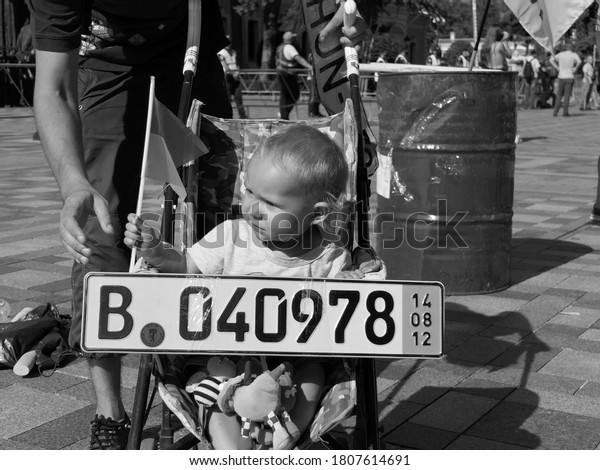 Kiev/Ukraine - 09.02.2020: little kid in baby\
carriage with german car plate number and with flag in hand at\
political street rally of Ukrainian drivers near Parliament. Black\
white reportage\
photo