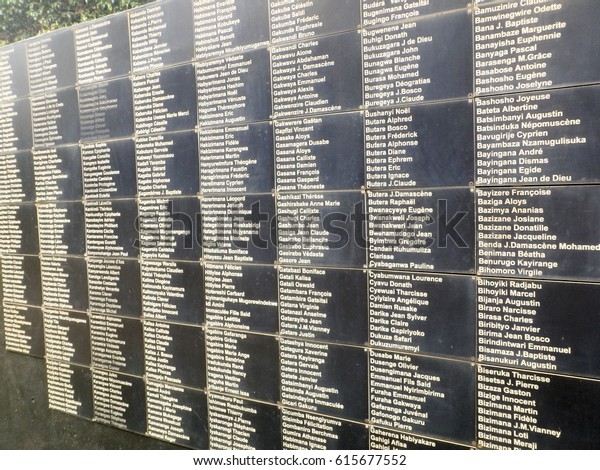 Kigali, Rwanda - March 2, 2017 : Names of victims\
at mass graves in National Memorial to the victims of Genocide in\
Kigali, Rwanda, Africa.