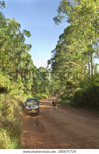 Kikuyu, Kenya - February 8: Red dirt\
road through a forest in Kikuyu near Nairobi, Kenya with a truck\
and some pedestrians passing on February 8,\
2013