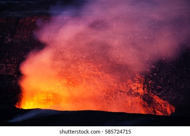 Kilauea Volcano Erupting In Hawaii Volcanoes Nationalpark (seen From Jaggar Museum) Closeup