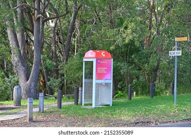 Killcare Heights, New South Wales Australia – May 03, 2022 Telstra public telephone box. 