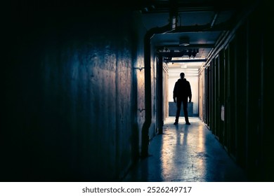 Killer, creepy, scary stalker man in dark corridor. Horror, thriller movie concept. Suspicious silhouette and figure in shadow. Maniac psycho criminal. Spooky mystery stranger at night.