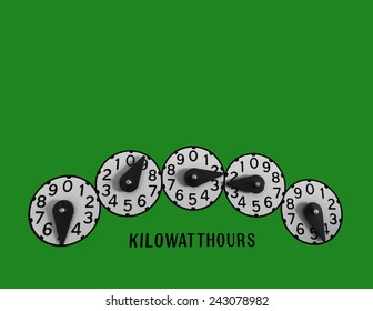 Kilowatt hour electric meter register dials on green background
