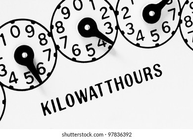 Kilowatt hour meter dials on white background