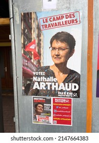 Kilstett, France - Apr 9, 2022: 2022 French Presidential Election With Lutte Ouvriere Poster Featuring Nathalie Arthaud