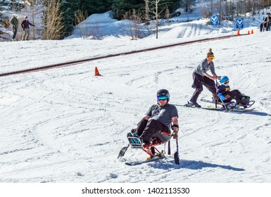 KIMBERLEY, CANADA - MARCH 19, 2019: Handicapped Person Riding A Mono Ski Vancouver Adaptive Snow Sports.