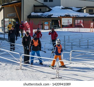 KIMBERLEY, CANADA - MARCH 22, 2019: Blind Skier Going To Ski Vancouver Adaptive Snow Sports.