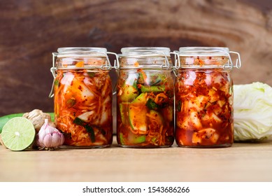 Kimchi cabbage, cucumber and radish in a jar, Korean food