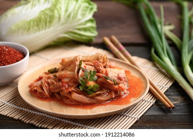 Kimchi Cabbage On Wooden Plate With Ingredients, Homemade Korean Food