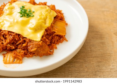 Kimchi Fried Rice With Pork And Topped Cheese - Asian And Fusion Food Style