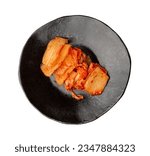 Kimchi Isolated, Kimchee on Black Plate, Red Spicy Kim Chi, Hot Fermented Napa Cabbage, Traditional Jimchi, Korean Winter Food Gimchi, Kimchi on White Background Top View