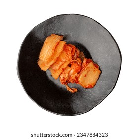 Kimchi Isolated, Kimchee on Black Plate, Red Spicy Kim Chi, Hot Fermented Napa Cabbage, Traditional Jimchi, Korean Winter Food Gimchi, Kimchi on White Background Top View