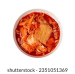 Kimchi Isolated, Kimchee in White Bowl, Red Spicy Kim Chi, Hot Fermented Napa Cabbage, Traditional Jimchi, Korean Winter Food Gimchi, Kimchi on White Background Top View