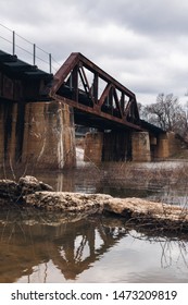 Kimmswick, Missouri - March 28 2018: A Train Bridge Above Overflow From The Mississippi River.