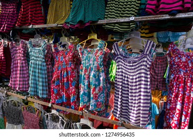 Kinarut Sabah Malaysia - Jan 5 2019: Kids Second Hand Clothes Selling At Kinarut Weekly Market.