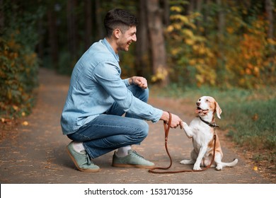 Kind Attractive Man Teaching His Dog To Greet, Nice To Meet You. Full Length Side View Photo