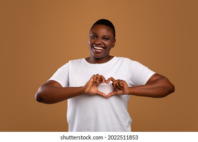 Kind black chubby lady shaping hands like heart, making love gesture near chest, friendly African American woman expressing kindness and self-love, smiling at camera, standing over brown studio wall