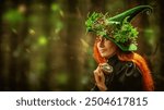 A kind forest witch-sorceress with red hair, dressed in a black dress and a green hat, walks in a forest, surrounded by sunlight. Copy space. Fantasy. Halloween.