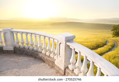 Kind On Mountains Meadow From A Stone Balcony