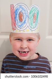 Kindergarten Boy Wears Hat Celebrating 100th Day Of School