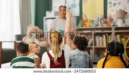 Kindergarten, children and question for teacher in class at montessori school, learning and reading story. Kids, fairytale and woman teach girl with creative ideas or talking in preschool education