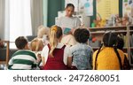 Kindergarten, children and teacher reading a story in montessori school, classroom and learning. Kids, fairytale and woman teaching language with creative fantasy stories in preschool education