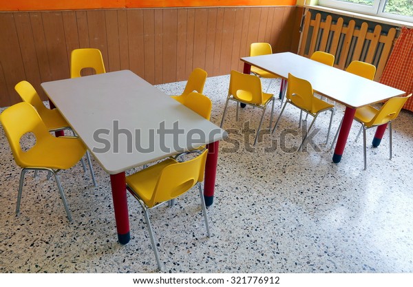 Kindergarten Classroom Desks Yellow Chairs Without Stock Photo