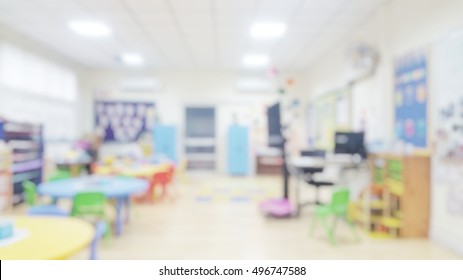 Kindergarten Classroom School Background. Class Room For Children Students Or
Nursery Kids. Blur Daycare Preschool.