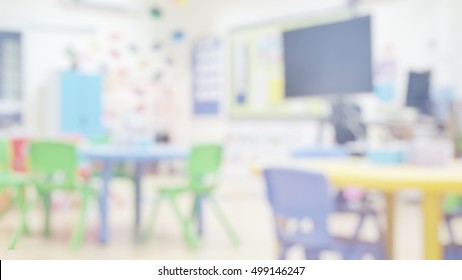 Kindergarten Classroom School Background. Class Room For Children Students Or
Nursery Kids. Blur Daycare Preschool.

