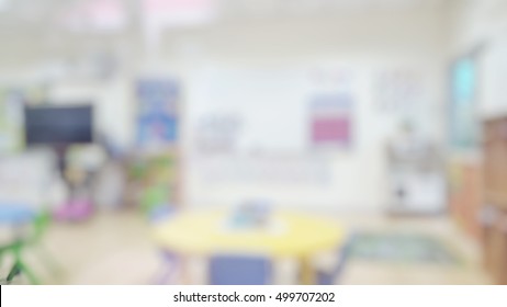 Kindergarten Classroom School Background. Class Room For Children Students Or
Nursery Kids. Blur Daycare Preschool.