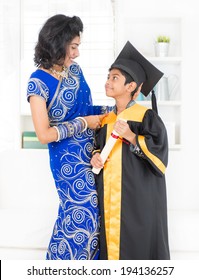 Kindergarten Graduation. Asian Family, Indian Mother And Son On Kinder Graduate Day.