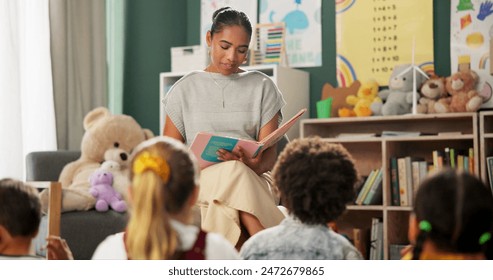 Kindergarten, teacher and reading a story to children in montessori school, classroom and learning. Kids, fairytale and woman teaching language in fantasy with creativity in preschool education - Powered by Shutterstock