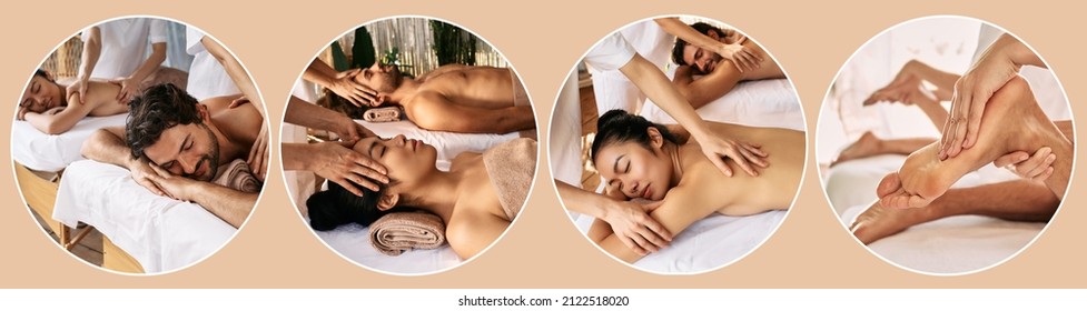 Kinds of couple massage therapy, set. Thai massage for couples. Masseuses massage back, head, neck and legs of spa salon patients